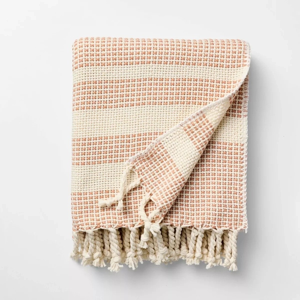 NWT Comfy Orange/Cream Threshold Design 50" x 60" Throw Blanket Textured Tassels